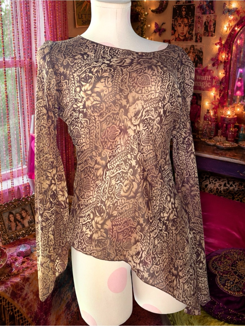 Koxxi Vintage Y2K Sheer Asymmetrical Bell Sleeve Top